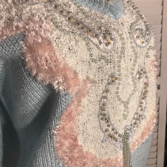 Vintage 90s Jaclyn Smith Pullover Sweater Beaded Paisley Detailing Light Blue S - Picture 11 of 15